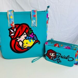 3D CARTOON CHARACTER TOTE & DOUBLE ZIPPER WALLET/CROSSBODY PURSE-LITTLE MERMAID